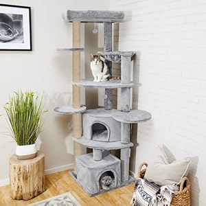 multistory playing activity kitten cat tree - soft fur fabric  furry balls  condos  top bed  scratching posts  jute rope  for adult cats amp kittens height 80 inch grey - furr-92