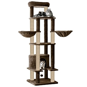 multi-level cat tree tower 64-inch tall with scratching posts hammocks and condo grey furr-88 - brown