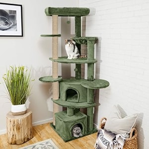 multistory playing activity kitten cat tree - soft fur fabric  furry balls  condos  top bed  scratching posts  jute rope  for adult cats amp kittens height 80 inch green