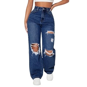 Solid High Waist Ripped Straight Leg Pant