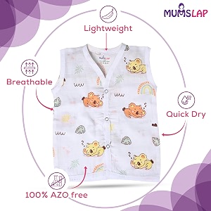 mumslap organic cotton muslin jhablas for boy and girl new born to 12 months  pack of 5  beautiful prints unicorn koala cars vegetables and baloons  sleeveless vest  baby shower gift 6-9
