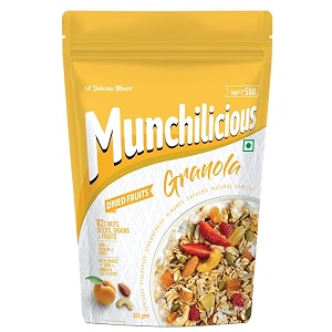 munchilicious granola - crunchy dried fruits 350g  82 nuts seeds grains amp fruits  protein rich breakfast cereal with almonds cashew apricot pineapple amp strawberry  no added preservatives