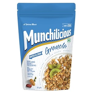 munchilicious granola - dates amp chia 350g  zero added sugar amp preservatives  high protein amp fiber  cholesterol amp trans fat free  healthy breakfast cereal amp snack