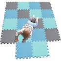 Gym Floor Mat, Exercise Mat, EVA Foam Interlocking Tiles, Protective Flooring for Gym Equipment and Workouts, 12mm Extra Thick (SBlue-Grey-Green16Tiles-64SQFT)
