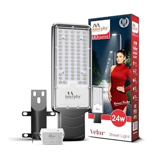 murphy velar 24w led street light with auto onoff day night sensor  aluminium body  ip66 waterproof  2400 lumens  6500k cool white   bis certified  2-year warranty pack of 1