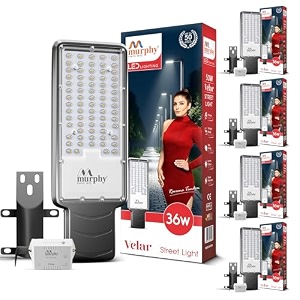 murphy velar 36w led street light with auto onoff day night sensor  aluminium body  ip66 waterproof  3600 lumens  6500k cool white   bis certified  2-year warranty pack of 5