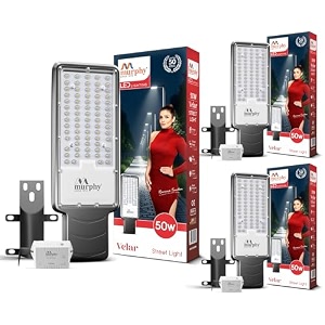 murphy velar 50w led street light with auto onoff day night sensor  aluminium body  ip66 waterproof  5000 lumens  6500k cool white   bis certified  2-year warranty pack of 3