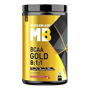 muscleblaze bcaa gold 811 powder raspberry lemonade 60 servings 450g  with higher leucine electrolytes amp glutamine