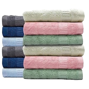 mush bamboo face towel set  100 bamboo  550gsm  anti microbial bamboo face towel for women men  soft absorbent face napkins towels  set of 12 - olive green cream navy blue sky blue grey pink