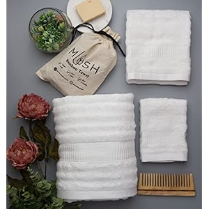 mush bamboo luxurious 3 piecetowels set  ultra soft absorbent and antimicrobial 600 gsm bath towel hand towel and face towel perfect for daily use and gifting white