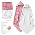 Muslin Bath Towel for Toddler 4 Pcs, 32x32 Inch 100% Muslin Cotton Baby Hooded Bath Towel and Washcloths for Babies, Infant and Kids, Soft and Absorbent Newborn Essential(Pink and Elephant)