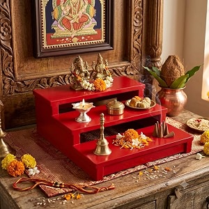 raazwoodkrishana art palace 3-tier wooden pooja chowki solid wood step puja peeta asanapatlabajot for sitting size - 30 x 29 x 11 cm singhasan stand for god idols red color glossy finish