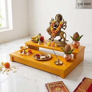Mustard Yellow Wooden Puja Chowki Multi-Tier Mandir