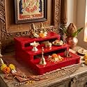 RAAZWOODKrishana Art Palace 3-Tier Wooden Pooja Chowki, Solid Wood Step Puja Peeta, Asana/Patla/bajot for Sitting, Size - 30 x 29 x 11 CM, Singhasan Stand for God Idols Red Color Glossy Finish