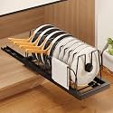 Mustorn Pots and Pans Organizer Under Cabinet, 21.6" Deep Pull Out Pot Lid Organizer Holder with Guardrail Adhesive Pot and Pan Holder Rack with 10 Adjustable Dividers-1 Pack(Black)