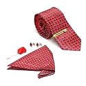 MUTAQINOTI Mens Red Silk Necktie Set Incl Pocket Square Cufflinks Golden Tiepin Brooch American Style Formal Tie Gift Set for Men (FRGP)