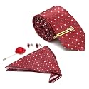 MUTAQINOTI Mens Red Silk Necktie Set Incl Pocket Square Cufflinks Golden Tiepin Brooch American Style Formal Tie Gift Set for Men (FRGP)