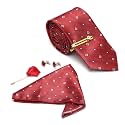 MUTAQINOTI Mens Red Silk Necktie Set Incl Pocket Square Cufflinks Golden Tiepin Brooch American Style Formal Tie Gift Set for Men (FRGP)