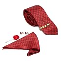MUTAQINOTI Mens Red Silk Necktie Set Incl Pocket Square Cufflinks Golden Tiepin Brooch American Style Formal Tie Gift Set for Men (FRGP)