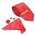 MUTAQINOTI Mens Red Silk Necktie Set Incl Pocket Square Cufflinks Golden Tiepin Brooch American Style Formal Tie Gift Set for Men (FRGP)