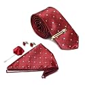 MUTAQINOTI Mens Red Silk Necktie Set Incl Pocket Square Cufflinks Golden Tiepin Brooch American Style Formal Tie Gift Set for Men (FRGP)