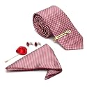 MUTAQINOTI Mens Red Silk Necktie Set Incl Pocket Square Cufflinks Golden Tiepin Brooch American Style Formal Tie Gift Set for Men (FRGP)