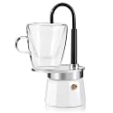 MVPLUE-Mini Express Swiss Single Tube Moka Pot Aluminum Ivory white，Moka Set includes One Double Wall 3oz Cup,Enjoy delicious coffee in no time