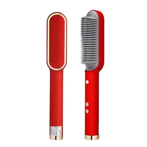 hair straightener brush comb for women hot brush hair straighteners for curly hair usable during travel saloon and home gives naturally straight hair in 5 mins red