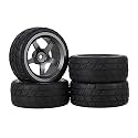 Mxfans Grey 5 Spoke Aluminium Alloy Wheel Rims & Black Square Pattern Rubber Tyres Tires Rc 1:10 On Road Racing Car Set of 4