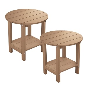 mximu round outdoor side table adirondack tables 18 inch chairside end tables with storage shelf 2-tier plastic patio side table weather resistant for balcony backyard lawn teak 2 pack