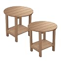 MXIMU Round Outdoor Side Table Adirondack Tables 18 Inch Chairside End Tables with Storage Shelf, 2-Tier Plastic Patio Side Table, Weather Resistant for Balcony Backyard Lawn (Teak, 2 Pack)