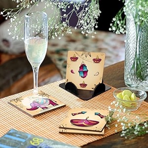 coaster set of 4 beautiful diwali festive tea coasters with stand designer quality for tea cups coffee mugs and glasses for festivals gifting shubh mangal