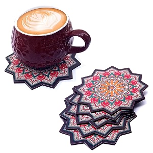 set of 6 beautiful wooden tea coasters with stand designer quality coaster set for tea cups coffee mugs and glasses benaras