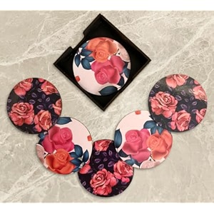 set of 6 beautiful wooden tea coasters with stand designer quality coaster set for tea cups coffee mugs and glasses red roses