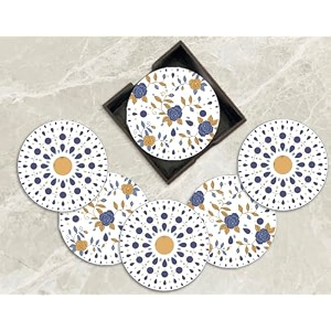 set of 6 beautiful wooden tea coasters with stand designer quality coaster set for tea cups coffee mugs and glasses mandala