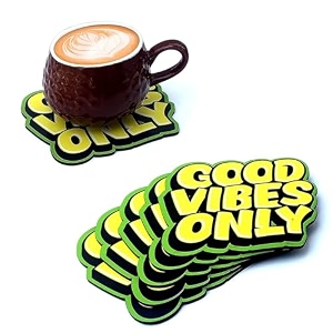 set of 6 beautiful wooden tea coasters with stand designer quality coaster set for tea cups coffee mugs and glasses good vibes only