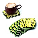 Set of 6 Beautiful Wooden Tea Coasters with Stand Designer Quality Coaster Set for Tea Cups, Coffee Mugs and Glasses (Good Vibes Only)