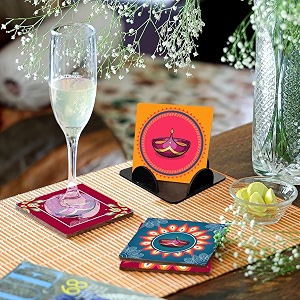 coaster set of 4 beautiful diwali festive tea coasters with stand designer quality for tea cups coffee mugs and glasses for festivals gifting diwali