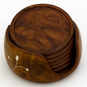 wooden coasters traditional style handmade decorative tabletop coasters for tea coffee cups mugs beer cans bar glass indian handicrafts gifting antique