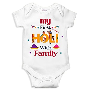 my first holi with family  1st holi with family printed romper for baby boys amp girls  d-07
