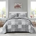 Mybedsoul Black Grey Boho Quilt Twin Size, Floral Bedspread Dorm Bedding