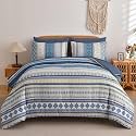 Mybedsoul Blue Boho Style Striped Comforter Set 7 Pieces, Queen Size Aztec Bed in a Bag, All-Season Bedding Set with Sheets &amp; Pillow Shams, Bohemian Geometric Pattern