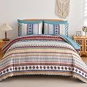 Mybedsoul Blue Red Boho Style Striped Comforter Set 7 Pieces, Queen Size Aztec Bed in a Bag, All-Season Bedding Set with Sheets &amp; Pillow Shams, Bohemian Geometric Pattern
