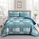 Mybedsoul Boho Queen Quilts, Patchwork Floral Bedding Set, Teal Blue
