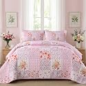 Mybedsoul Boho Quilt King Size, Patchwork Bedding Set, Pink White