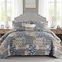 Mybedsoul Boho Quilt King Size, Patchwork Floral Bedding Set, Dark Grey