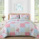 Mybedsoul Boho Quilt King Size, Patchwork Floral Bedding Set, Blue Pink