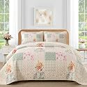 Mybedsoul Boho Quilt King Size, Patchwork Floral Bedding Set, Beige