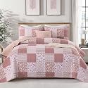 Mybedsoul Boho Quilts Queen Size, Patchwork Floral Bedding Set, Pink