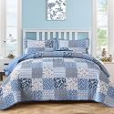 Mybedsoul Boho Quilts Queen Size, Patchwork Floral Bedding Set, Blue